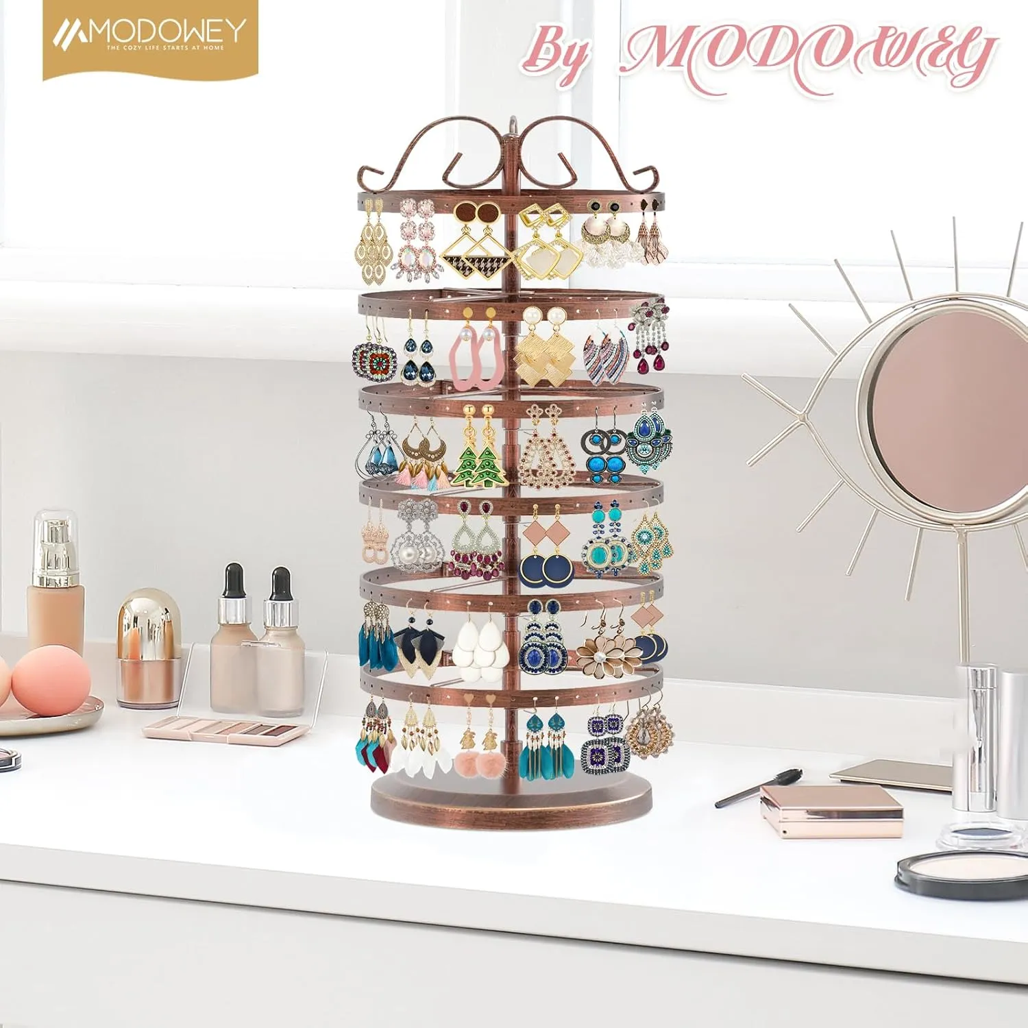 MODOWEY 6 Tier Rotating Metal Earring Holder Organizer Stand Adjustable Display Tree for Women, 264 Holes Large Storage Rack for Stud Post Dangling Hoop, Keep Earrings Neatly Arranged(Bronze)