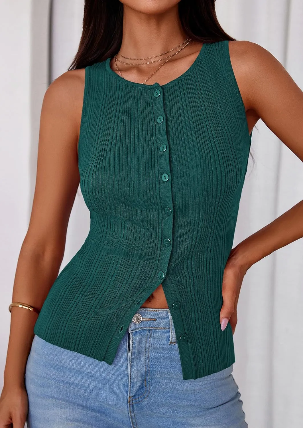 PRETTYGARDEN Women's Ribbed Tank Tops Summer 2025 Open Front Button Down Sleeveless Shirts Going Out Spring Fashion Vest Tops