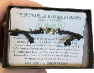 Real Raw Moldavite Beads and Herkimer Diamond on Bronze-Copper-Steel-Niobium-Sterling Silver-Gold-Rose Gold-TitaniumWire on a Leather or Waxed Cord Adjustable Friendship Bracelet April Birthstone