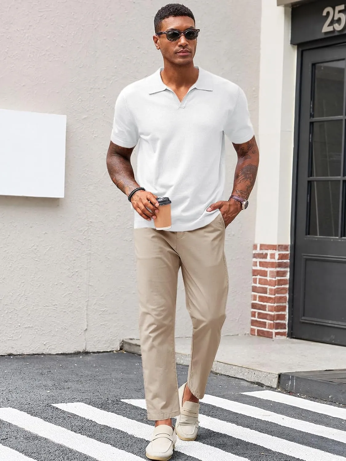 Runcati Men's V Neck Polo Shirts Short Sleeve Muscle Gym Knitted Golf Shirts Casual Slim Fit Tops