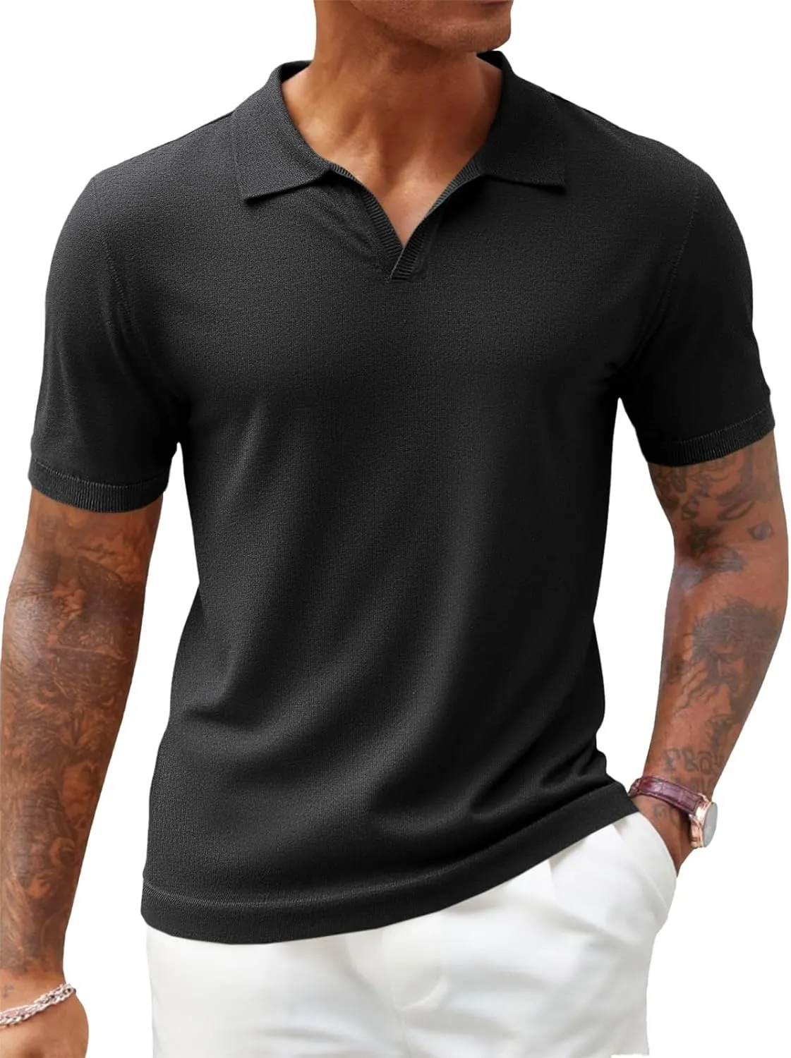 Runcati Men's V Neck Polo Shirts Short Sleeve Muscle Gym Knitted Golf Shirts Casual Slim Fit Tops