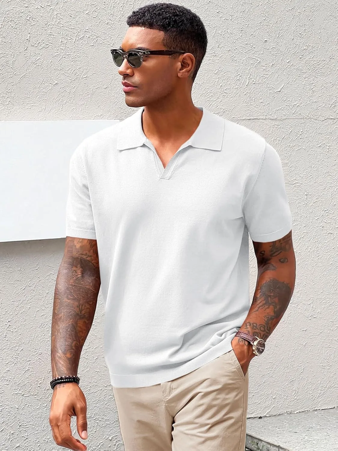 Runcati Men's V Neck Polo Shirts Short Sleeve Muscle Gym Knitted Golf Shirts Casual Slim Fit Tops