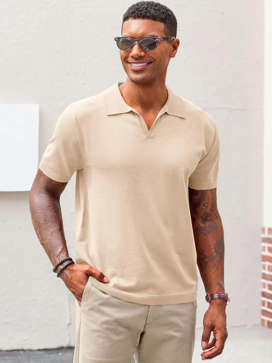 Runcati Men's V Neck Polo Shirts Short Sleeve Muscle Gym Knitted Golf Shirts Casual Slim Fit Tops