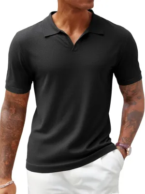 Runcati Men's V Neck Polo Shirts Short Sleeve Muscle Gym Knitted Golf Shirts Casual Slim Fit Tops