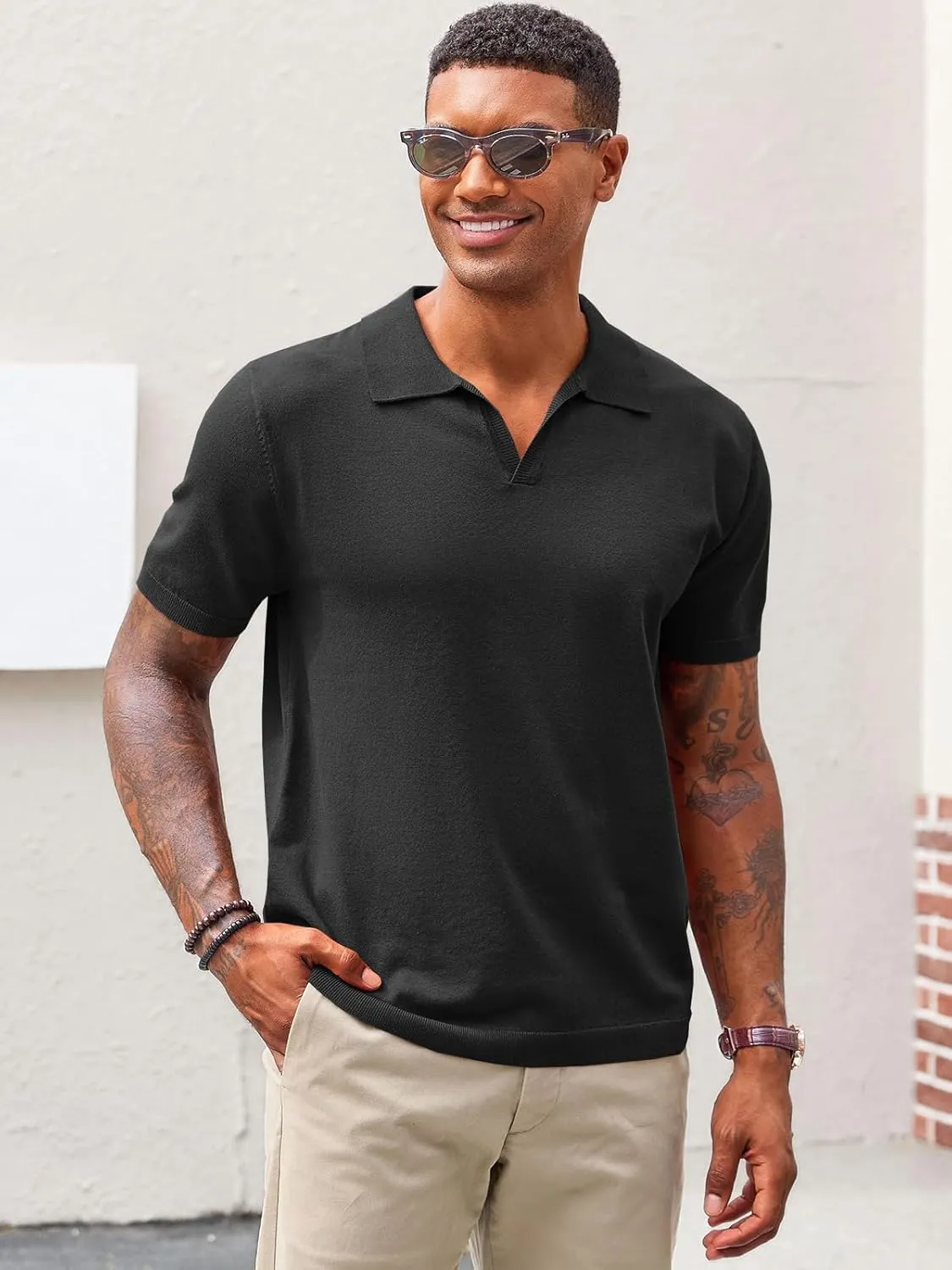Runcati Men's V Neck Polo Shirts Short Sleeve Muscle Gym Knitted Golf Shirts Casual Slim Fit Tops