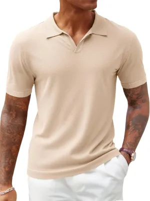 Runcati Men's V Neck Polo Shirts Short Sleeve Muscle Gym Knitted Golf Shirts Casual Slim Fit Tops