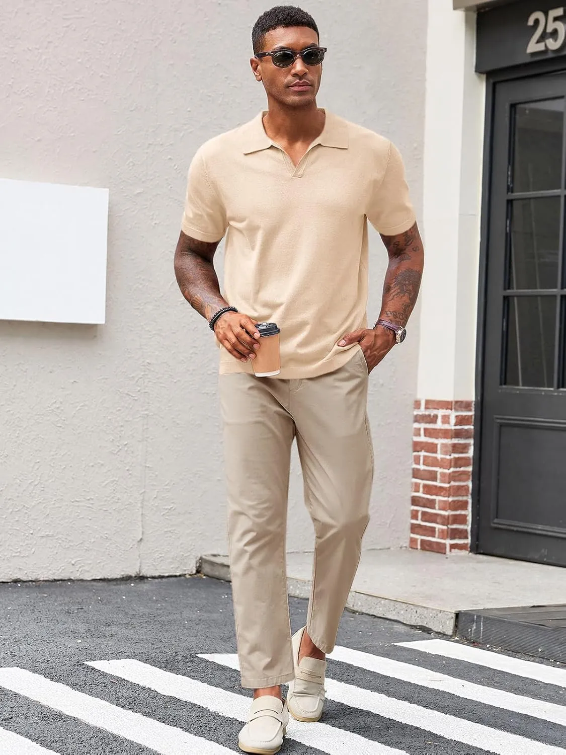 Runcati Men's V Neck Polo Shirts Short Sleeve Muscle Gym Knitted Golf Shirts Casual Slim Fit Tops