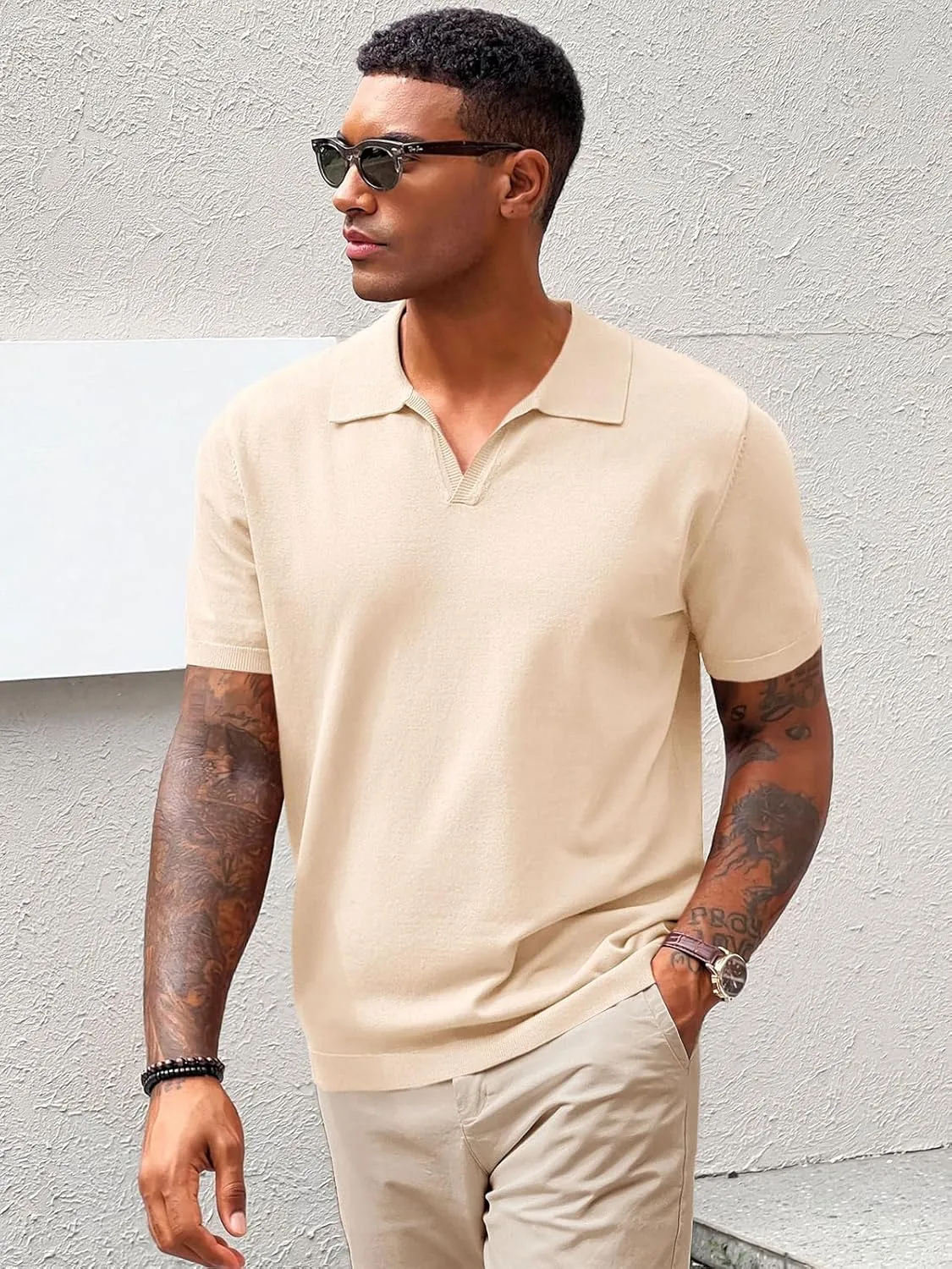 Runcati Men's V Neck Polo Shirts Short Sleeve Muscle Gym Knitted Golf Shirts Casual Slim Fit Tops