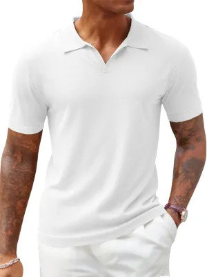 Runcati Men's V Neck Polo Shirts Short Sleeve Muscle Gym Knitted Golf Shirts Casual Slim Fit Tops
