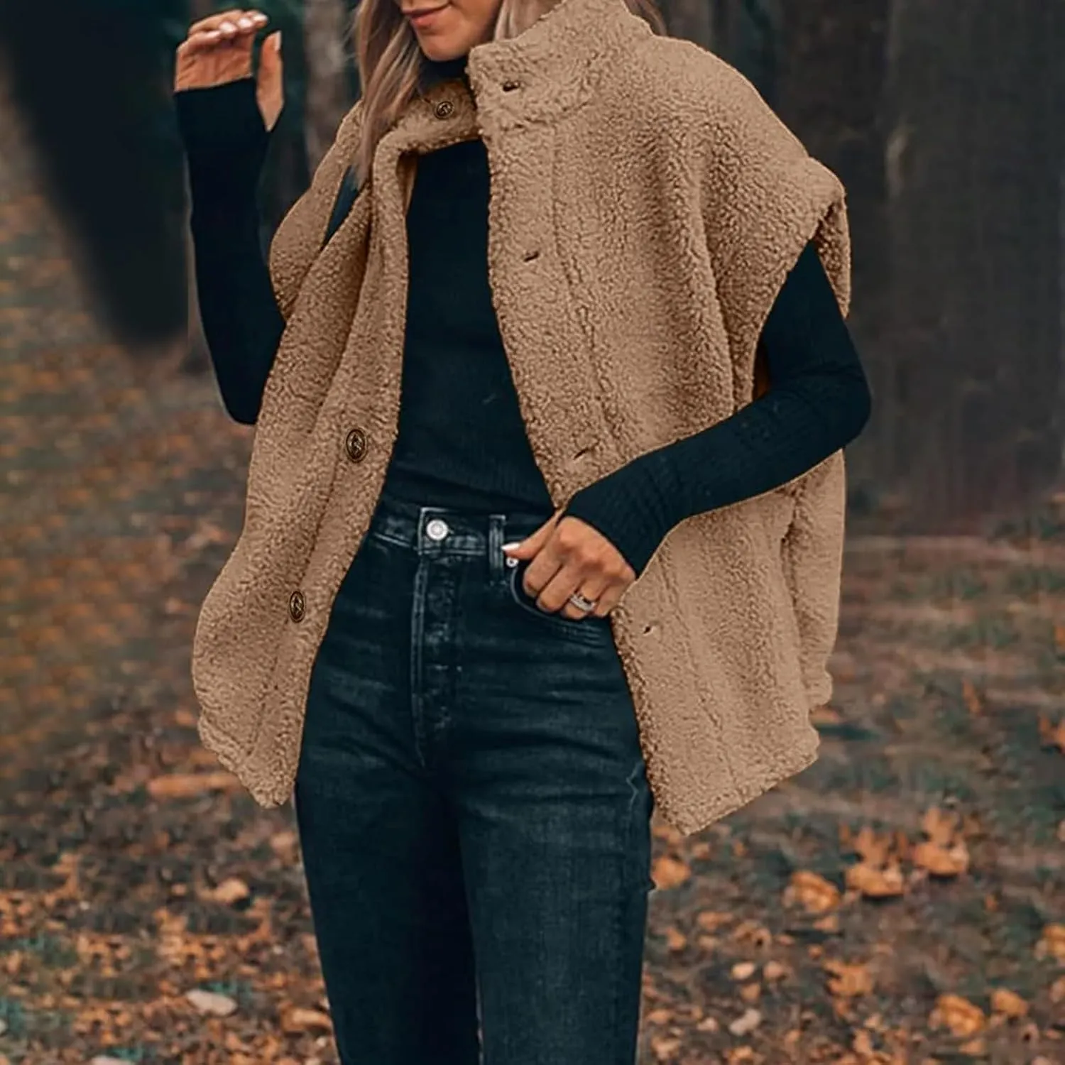 Sherpa Vest Women Sleeveless Button Down Fuzzy Fleece Vest Jacket Casual Oversized Vests Outerwear with Pockets