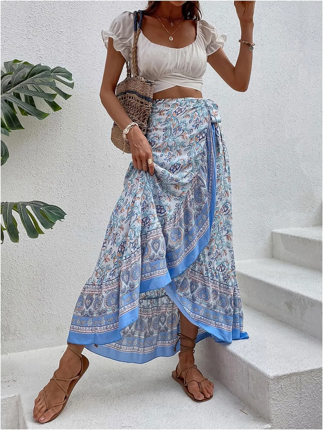 Verdusa Women's Floral Print Bowknot Ruffle Maxi Skirts Boho High Waisted Flowy Wrap Skirt