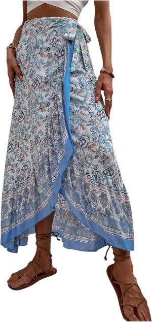 Verdusa Women's Floral Print Bowknot Ruffle Maxi Skirts Boho High Waisted Flowy Wrap Skirt