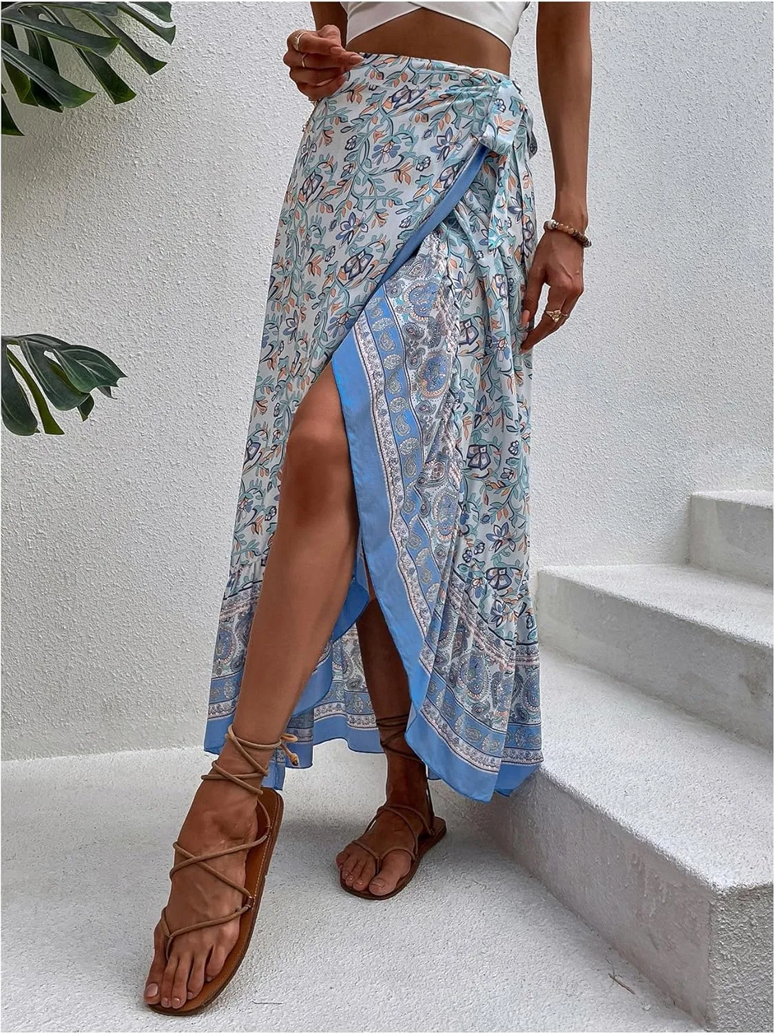 Verdusa Women's Floral Print Bowknot Ruffle Maxi Skirts Boho High Waisted Flowy Wrap Skirt