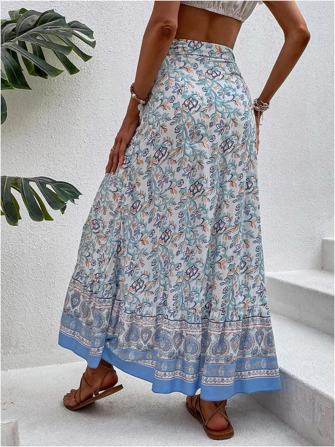 Verdusa Women's Floral Print Bowknot Ruffle Maxi Skirts Boho High Waisted Flowy Wrap Skirt