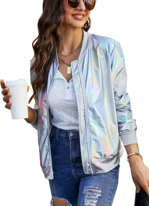 WDIRARA Women's Holographic Zipper Front Long Sleeve Baseball Bomber Jacket Outerwear