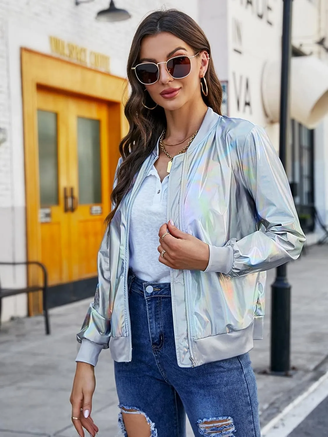 WDIRARA Women's Holographic Zipper Front Long Sleeve Baseball Bomber Jacket Outerwear