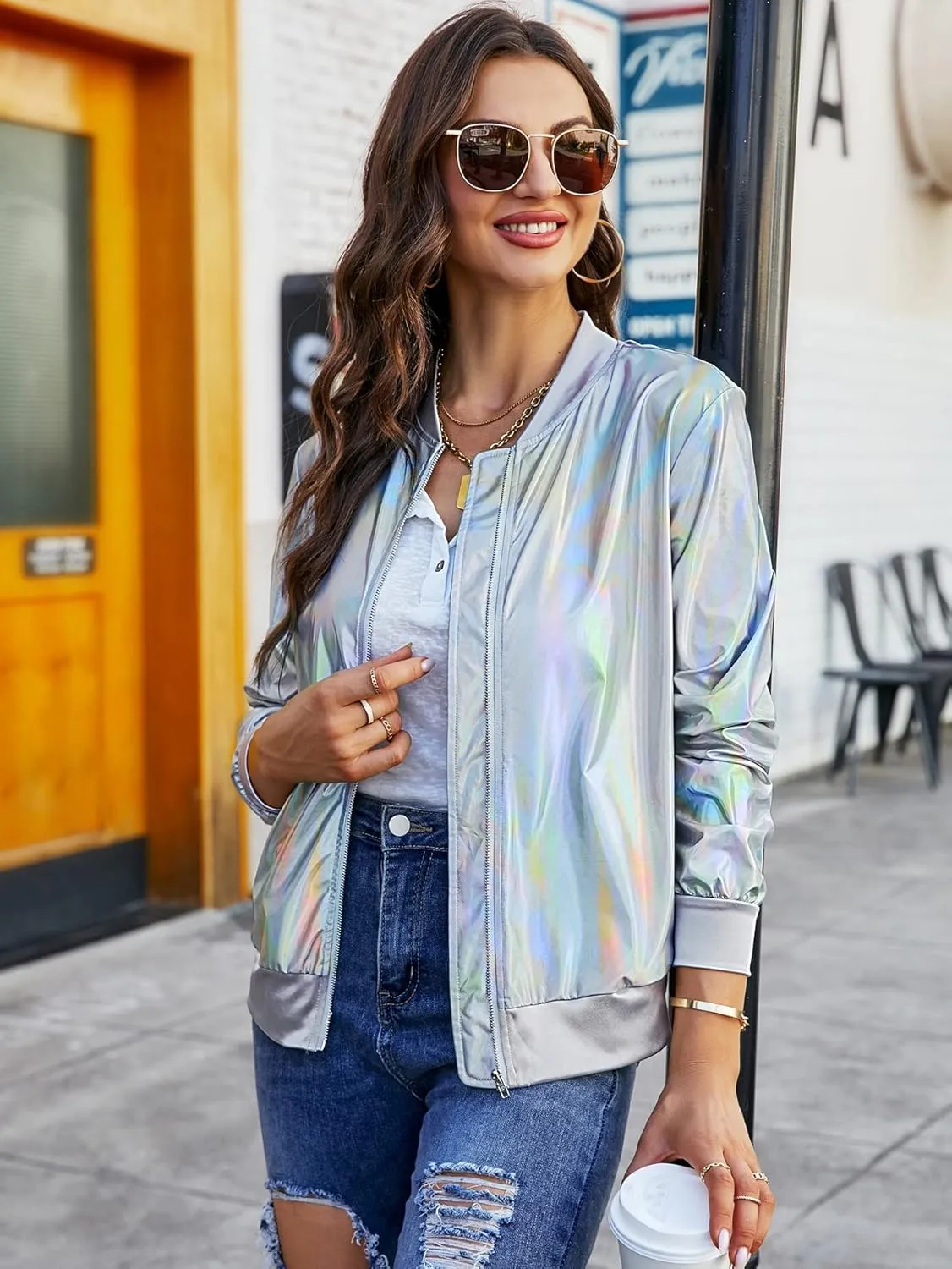 WDIRARA Women's Holographic Zipper Front Long Sleeve Baseball Bomber Jacket Outerwear