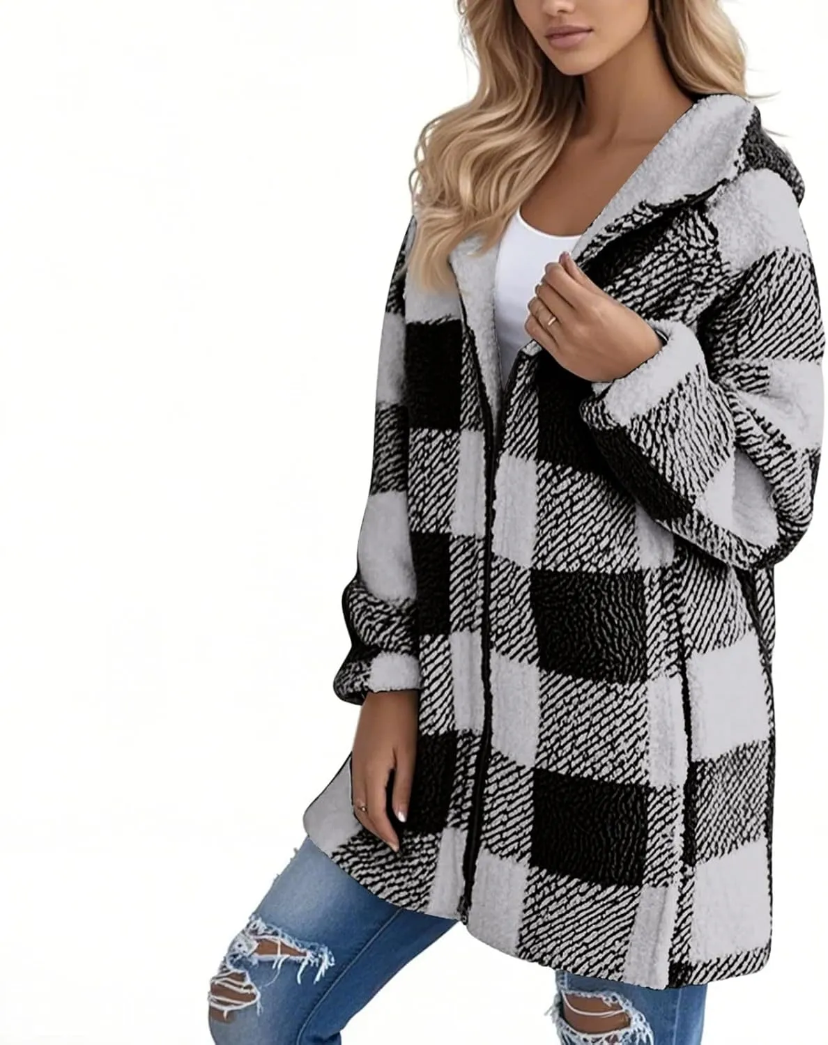 Women Fleece Jacket Plaid Hooded Zip Up Coat Comfy Fuzzy Sherpa Jacket Cardigan with Pockets Oversized Winter Coat
