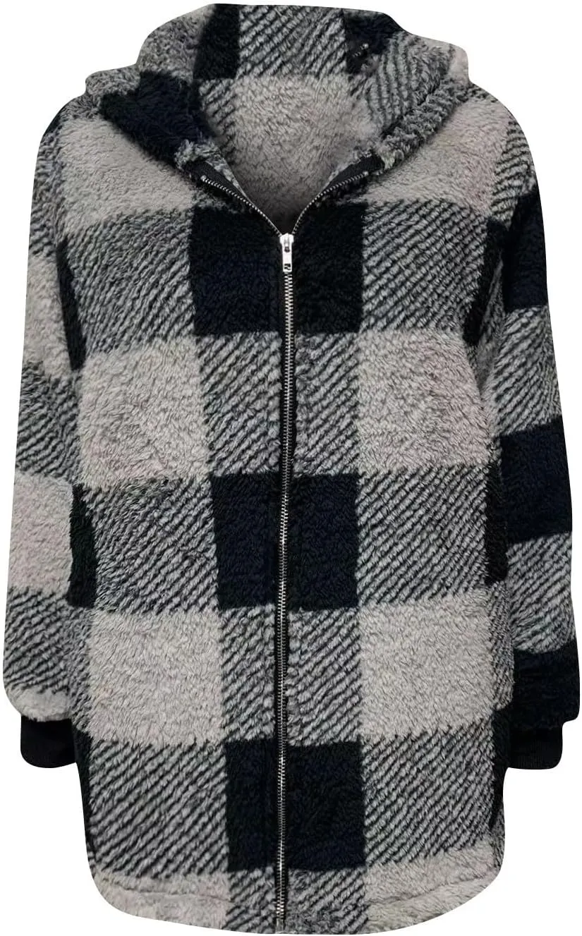 Women Fleece Jacket Plaid Hooded Zip Up Coat Comfy Fuzzy Sherpa Jacket Cardigan with Pockets Oversized Winter Coat