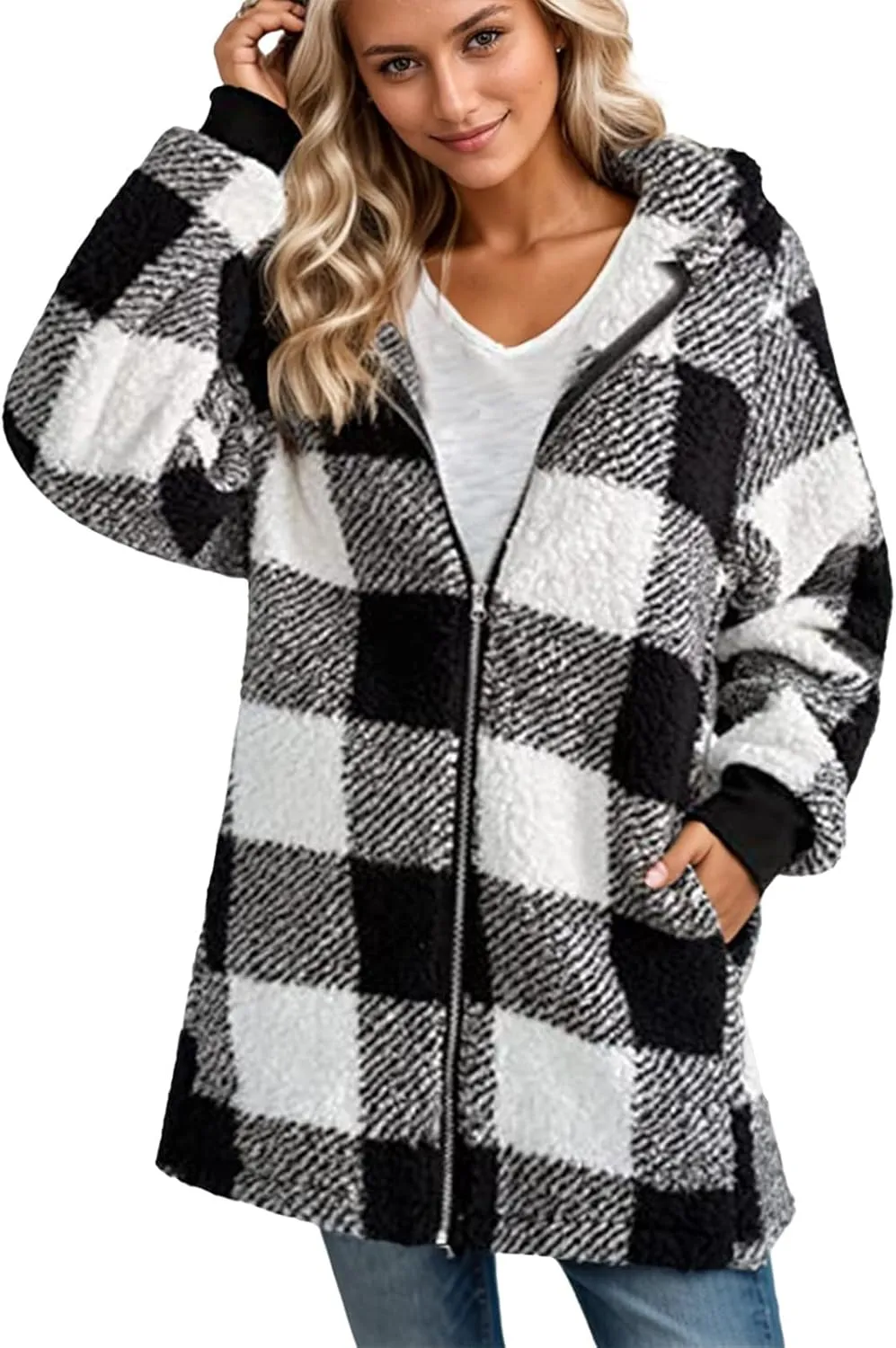 Women Fleece Jacket Plaid Hooded Zip Up Coat Comfy Fuzzy Sherpa Jacket Cardigan with Pockets Oversized Winter Coat