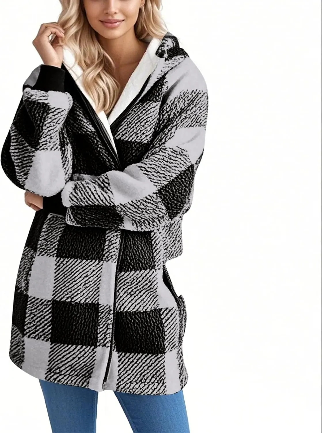 Women Fleece Jacket Plaid Hooded Zip Up Coat Comfy Fuzzy Sherpa Jacket Cardigan with Pockets Oversized Winter Coat