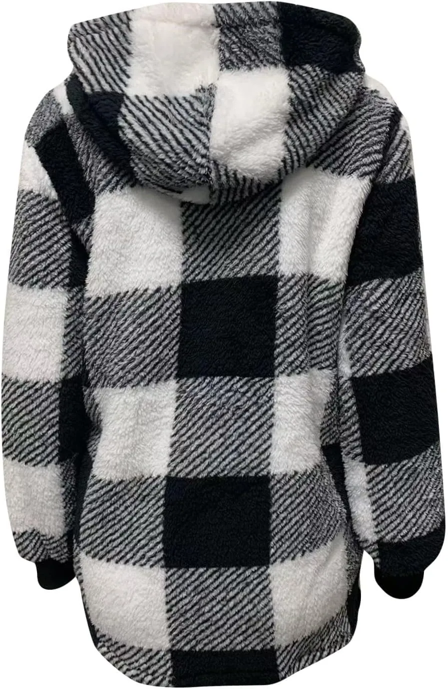 Women Fleece Jacket Plaid Hooded Zip Up Coat Comfy Fuzzy Sherpa Jacket Cardigan with Pockets Oversized Winter Coat