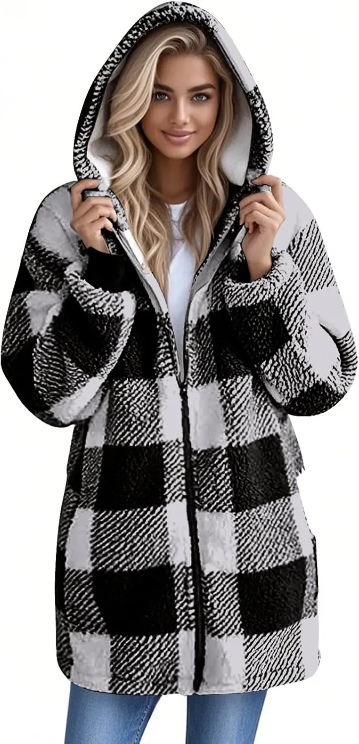 Women Fleece Jacket Plaid Hooded Zip Up Coat Comfy Fuzzy Sherpa Jacket Cardigan with Pockets Oversized Winter Coat