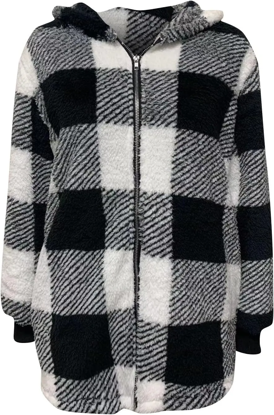 Women Fleece Jacket Plaid Hooded Zip Up Coat Comfy Fuzzy Sherpa Jacket Cardigan with Pockets Oversized Winter Coat