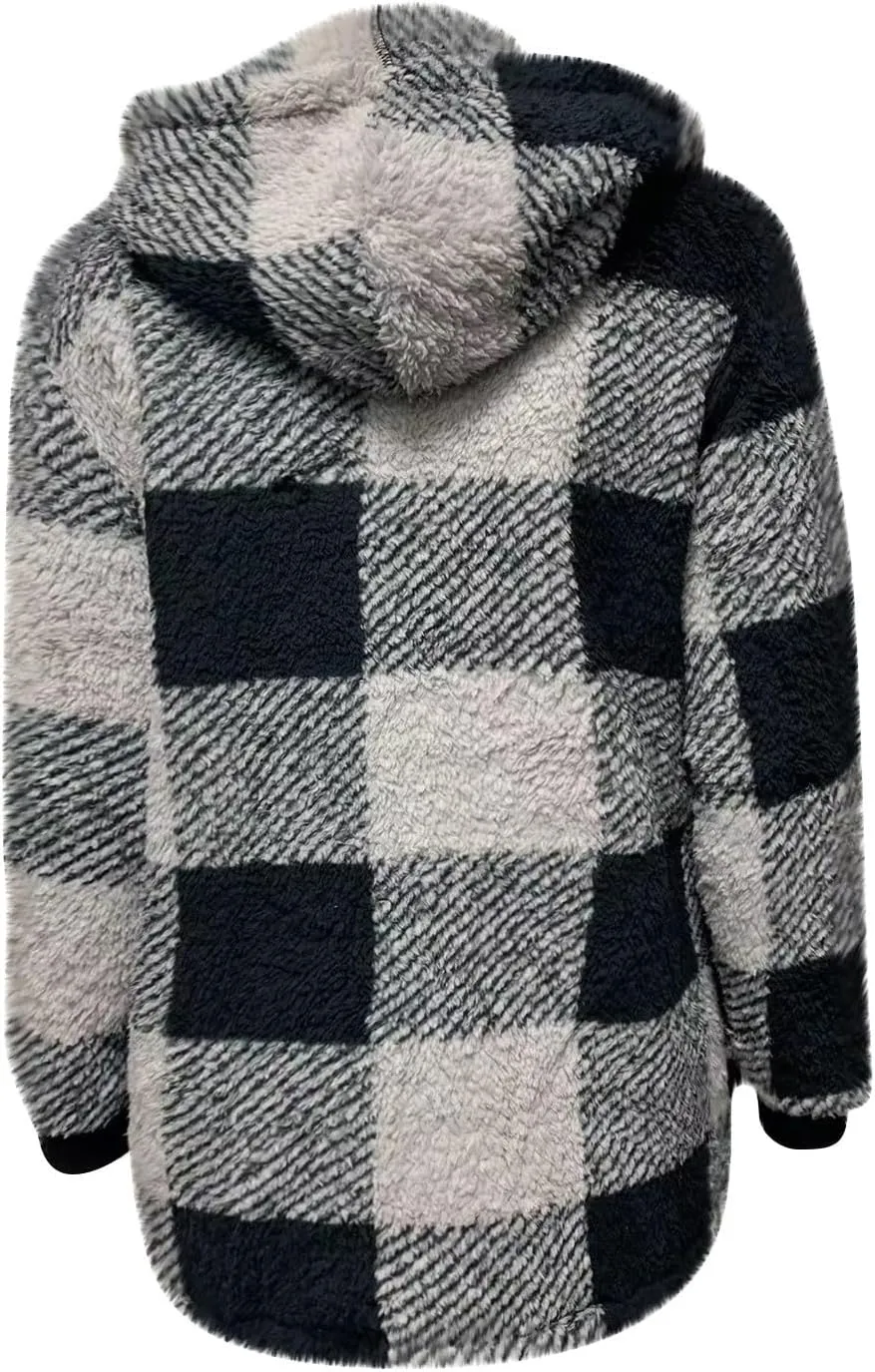 Women Fleece Jacket Plaid Hooded Zip Up Coat Comfy Fuzzy Sherpa Jacket Cardigan with Pockets Oversized Winter Coat