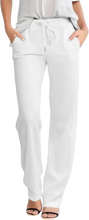 Women Linen Palazzo Pants Summer High Waist Casual Pants Drawstring Wide Leg Pant Beach Travel Vacation Pant