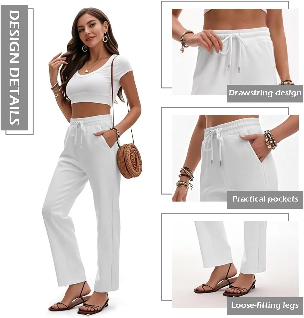 Women Linen Palazzo Pants Summer High Waist Casual Pants Drawstring Wide Leg Pant Beach Travel Vacation Pant