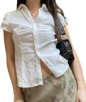 Women Y2k Coquette Button Down Shirt Cute Preppy Cap Sleeve V Neck Slim Fit Crop Top Casual 90S Vintage Blouse
