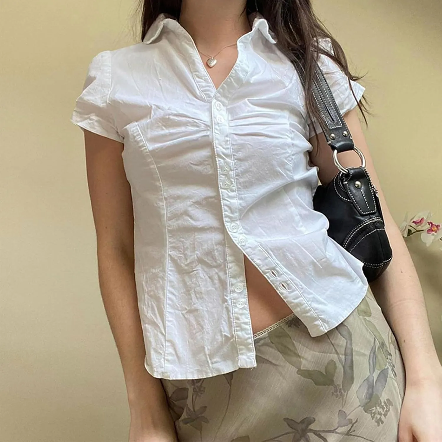Women Y2k Coquette Button Down Shirt Cute Preppy Cap Sleeve V Neck Slim Fit Crop Top Casual 90S Vintage Blouse