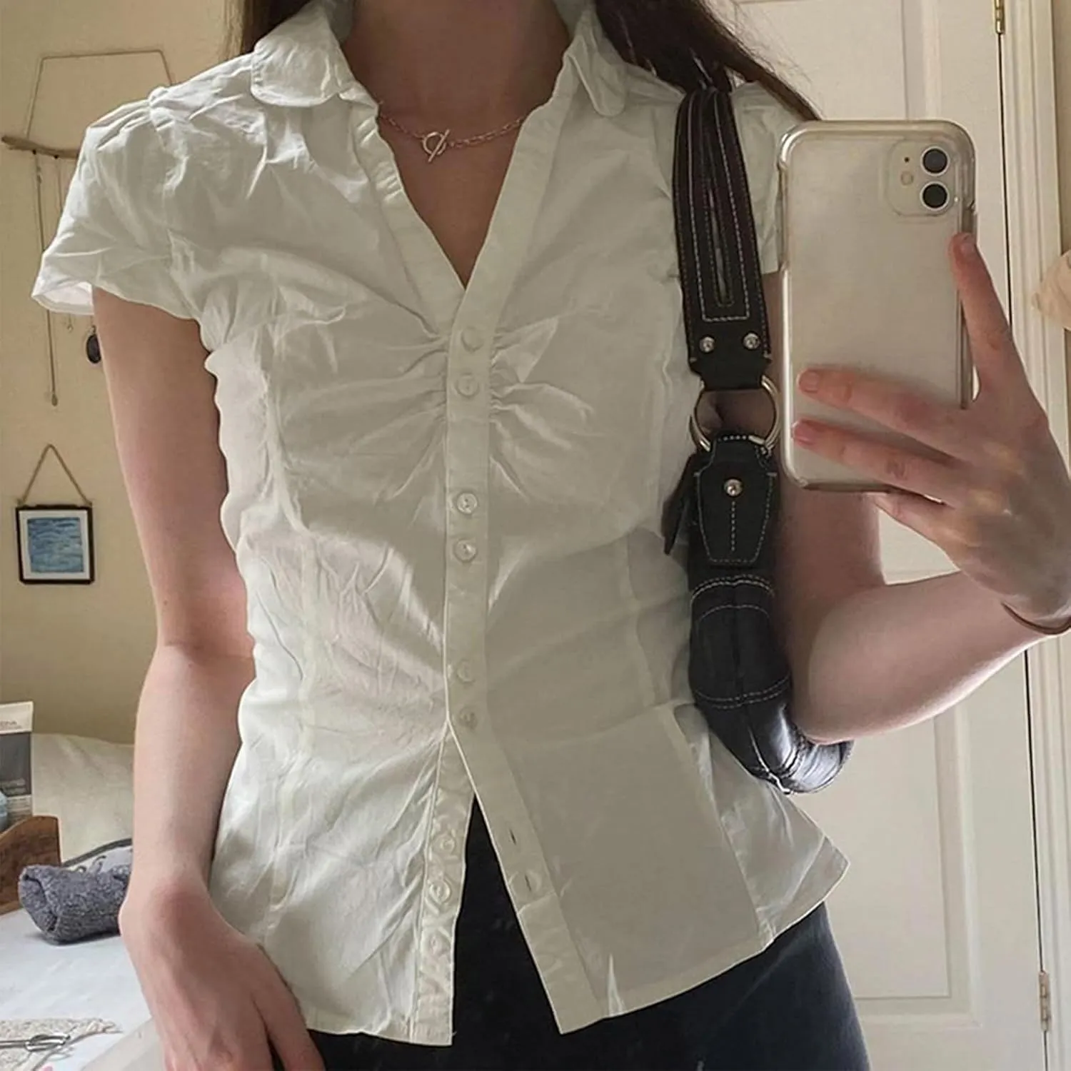 Women Y2k Coquette Button Down Shirt Cute Preppy Cap Sleeve V Neck Slim Fit Crop Top Casual 90S Vintage Blouse