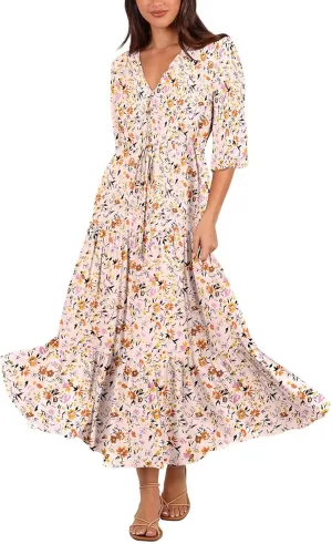 Women's Floral Print Maxi Long Dresses Deep V Neck Summer Beach Dress Half Sleeve A Line Flowy Dresses