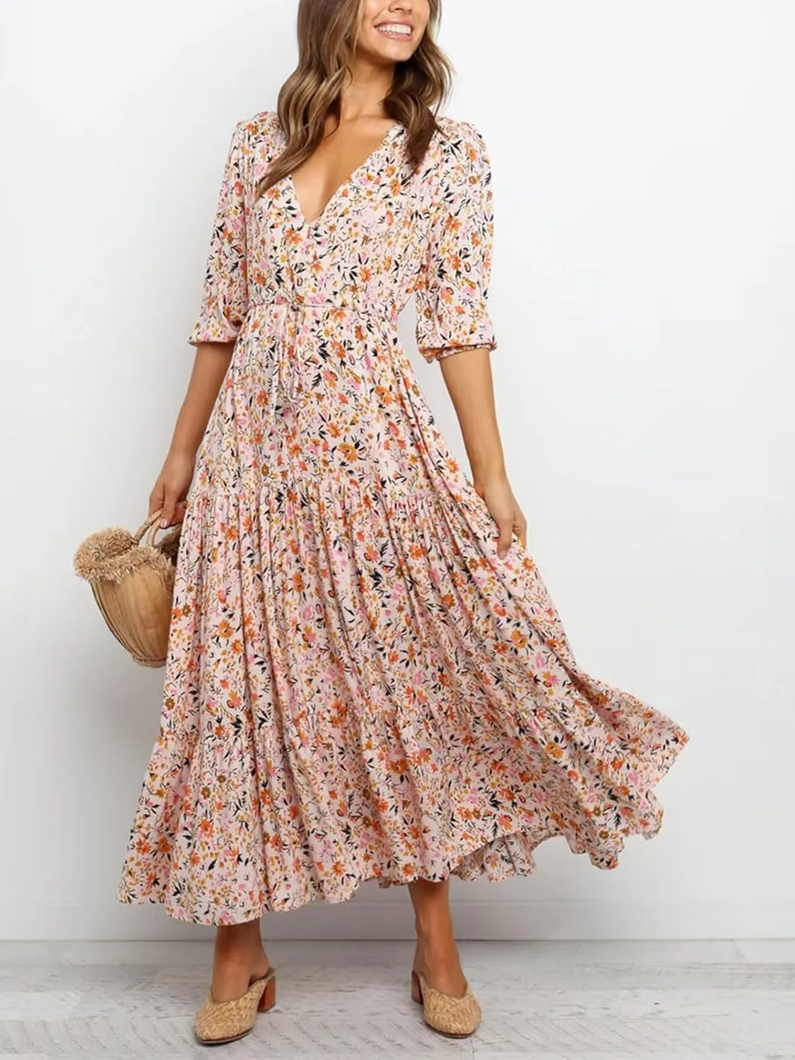 Women's Floral Print Maxi Long Dresses Deep V Neck Summer Beach Dress Half Sleeve A Line Flowy Dresses