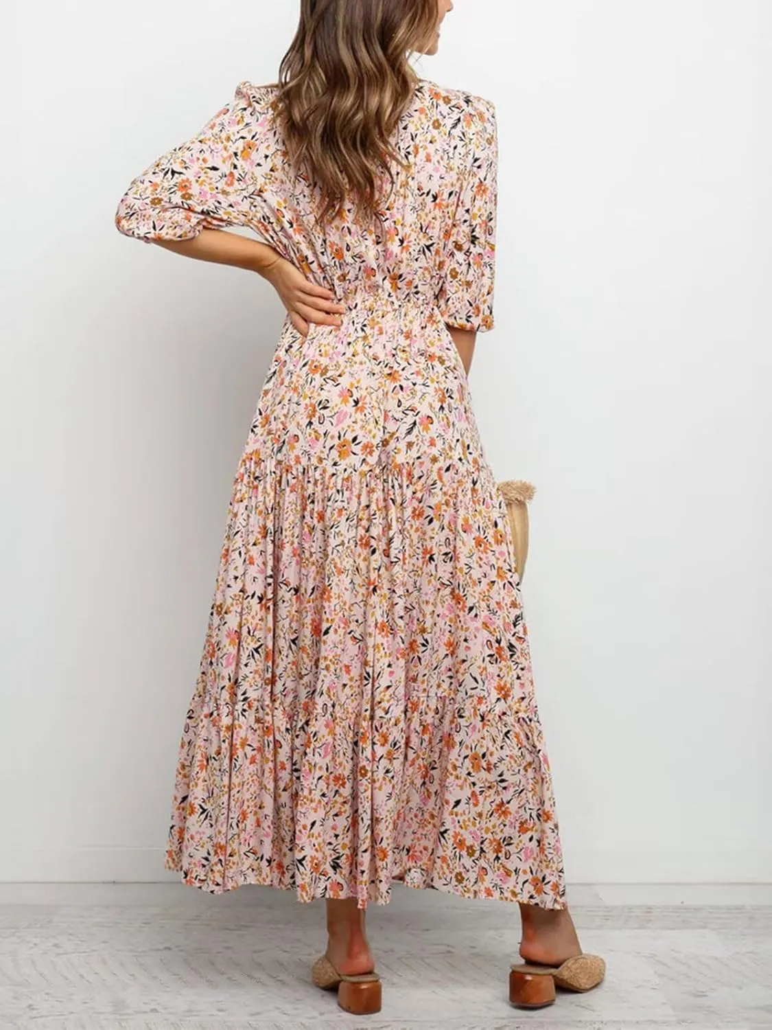 Women's Floral Print Maxi Long Dresses Deep V Neck Summer Beach Dress Half Sleeve A Line Flowy Dresses