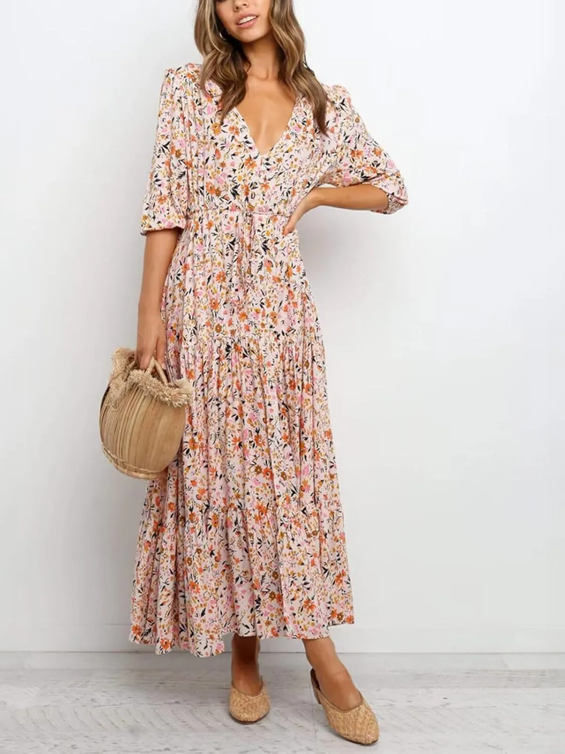 Women's Floral Print Maxi Long Dresses Deep V Neck Summer Beach Dress Half Sleeve A Line Flowy Dresses