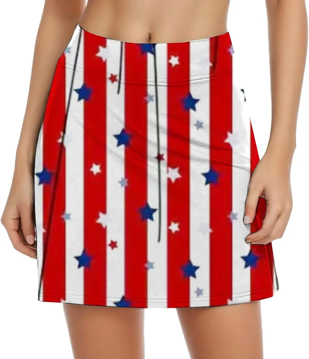 Women's Independence Day Printed Elastic Waist Pocketed Double Layer Gym Skirt Long Satin Dress Plus Size