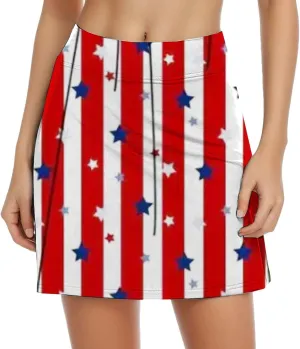 Women's Independence Day Printed Elastic Waist Pocketed Double Layer Gym Skirt Long Satin Dress Plus Size