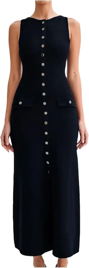 Women's Summer Sleeveless Knit Dress Round Neck Faux Button Pockets Maxi Dress Business Casual Bodycon Dresses