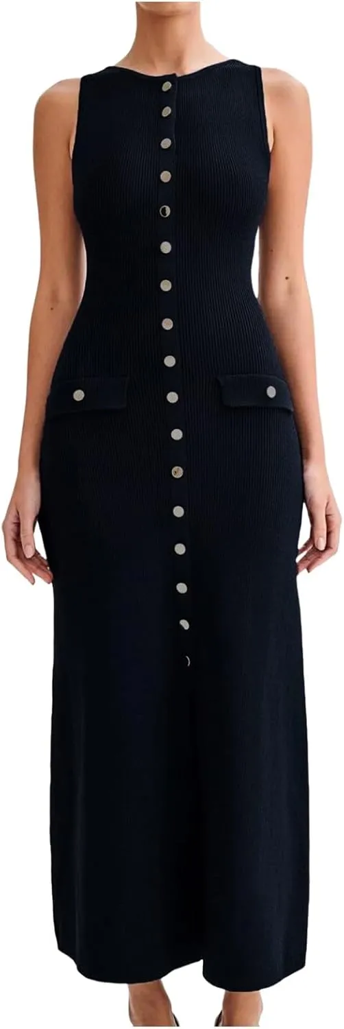Women's Summer Sleeveless Knit Dress Round Neck Faux Button Pockets Maxi Dress Business Casual Bodycon Dresses
