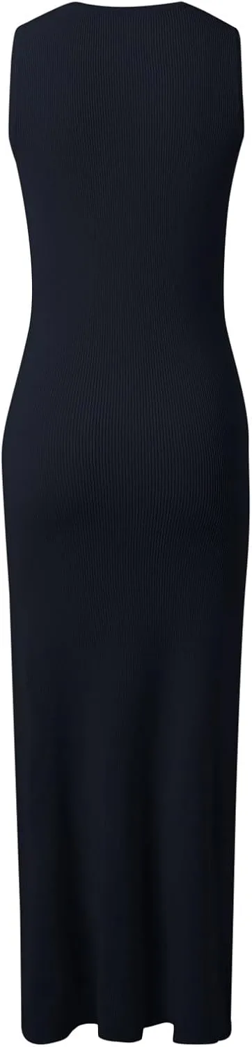 Women's Summer Sleeveless Knit Dress Round Neck Faux Button Pockets Maxi Dress Business Casual Bodycon Dresses