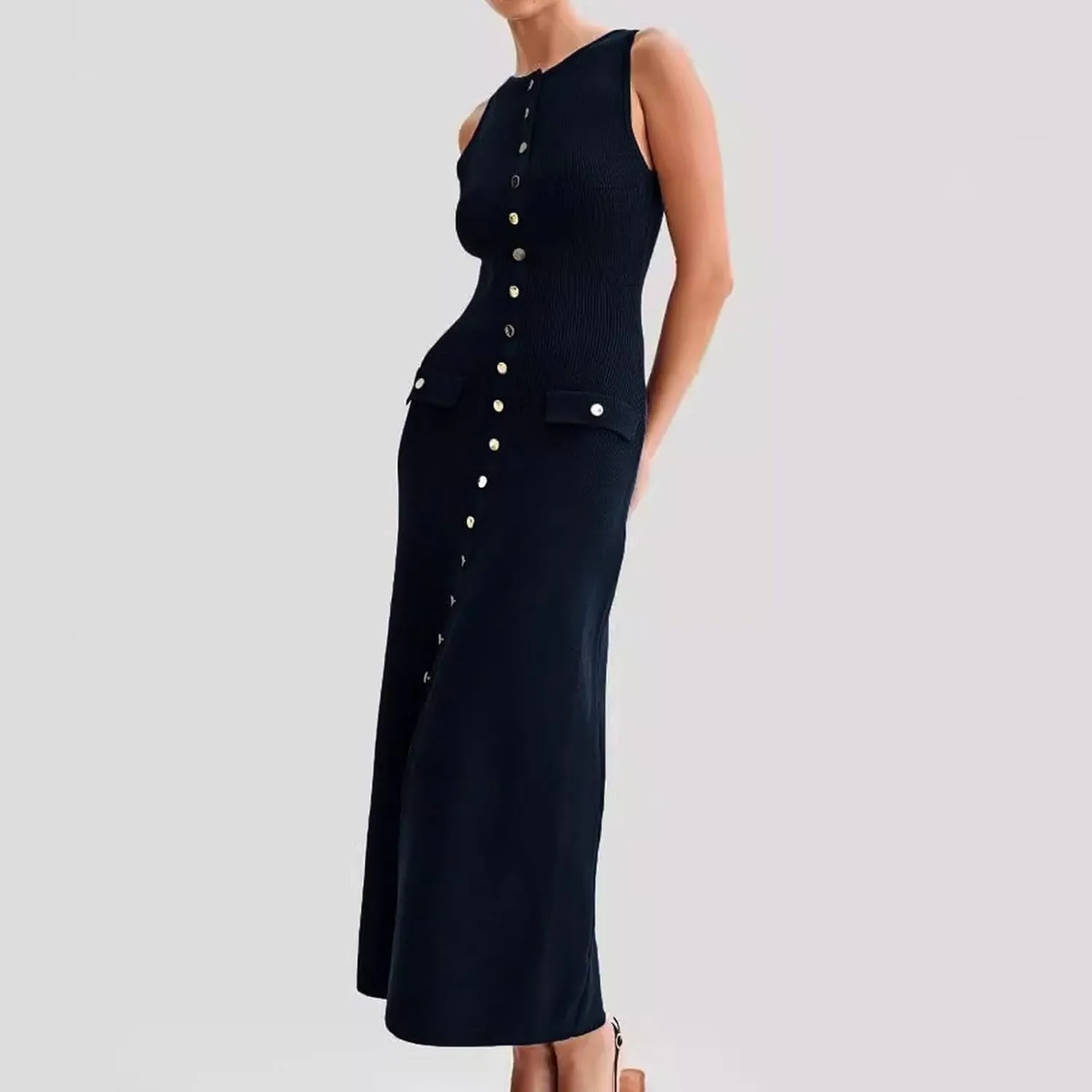 Women's Summer Sleeveless Knit Dress Round Neck Faux Button Pockets Maxi Dress Business Casual Bodycon Dresses