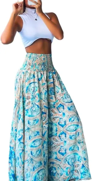 Women's Vintage Boho Maxi Skirts Paisley Floral Print Shirred Elastic High Waist Wide Leg Pants for Vacation Beach