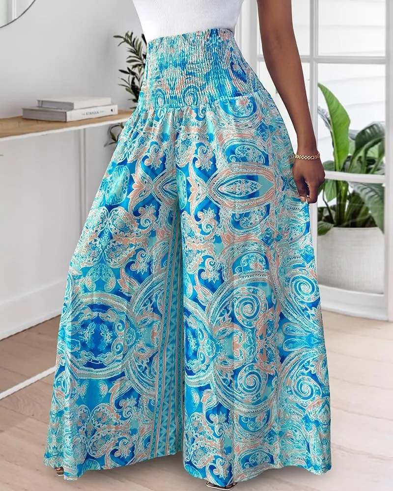 Women's Vintage Boho Maxi Skirts Paisley Floral Print Shirred Elastic High Waist Wide Leg Pants for Vacation Beach