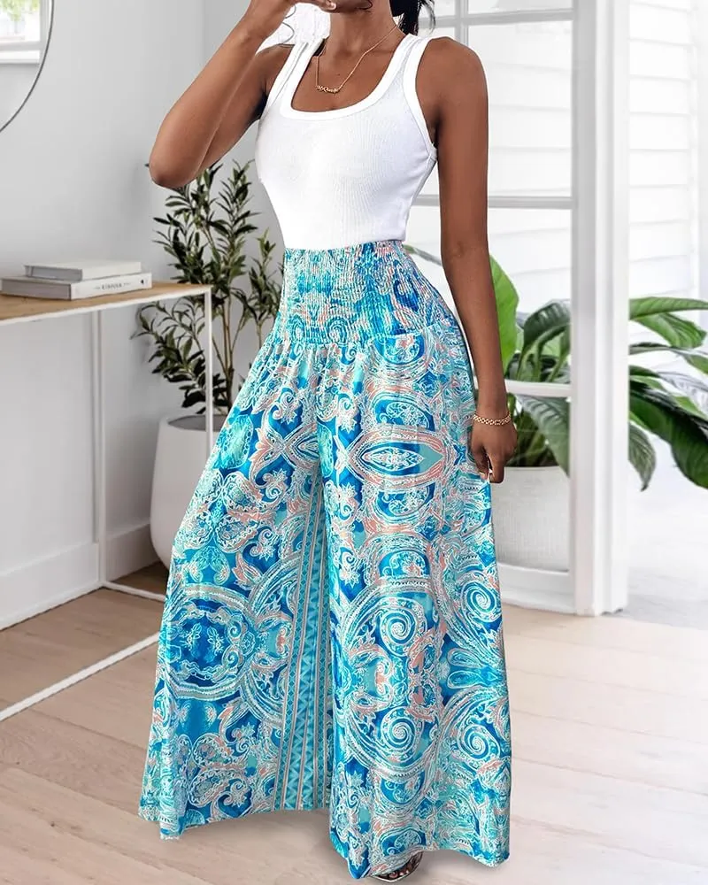 Women's Vintage Boho Maxi Skirts Paisley Floral Print Shirred Elastic High Waist Wide Leg Pants for Vacation Beach