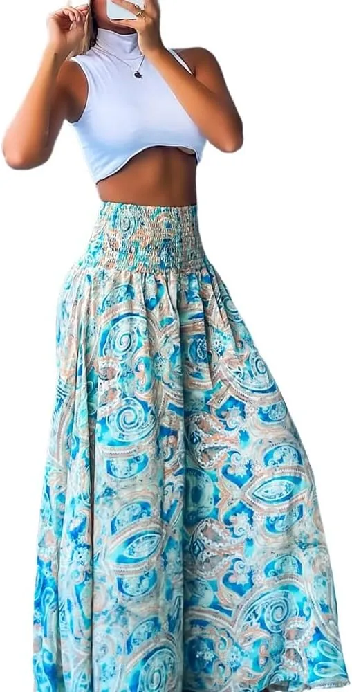 Women's Vintage Boho Maxi Skirts Paisley Floral Print Shirred Elastic High Waist Wide Leg Pants for Vacation Beach