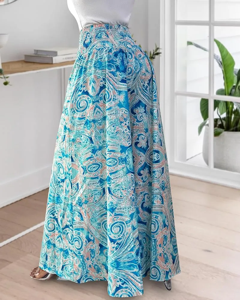 Women's Vintage Boho Maxi Skirts Paisley Floral Print Shirred Elastic High Waist Wide Leg Pants for Vacation Beach