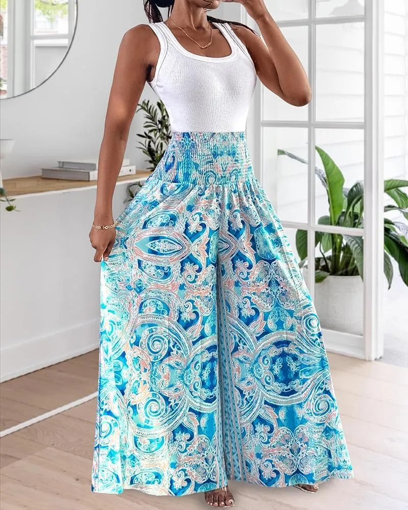 Women's Vintage Boho Maxi Skirts Paisley Floral Print Shirred Elastic High Waist Wide Leg Pants for Vacation Beach